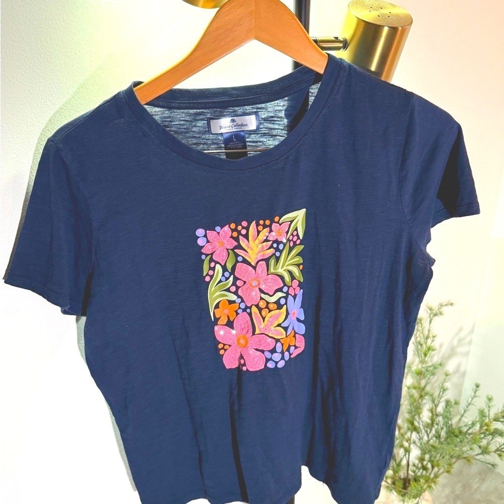 Stella‎ Parker Tee tropical center sequins vacation day wear lg colorful NWOT